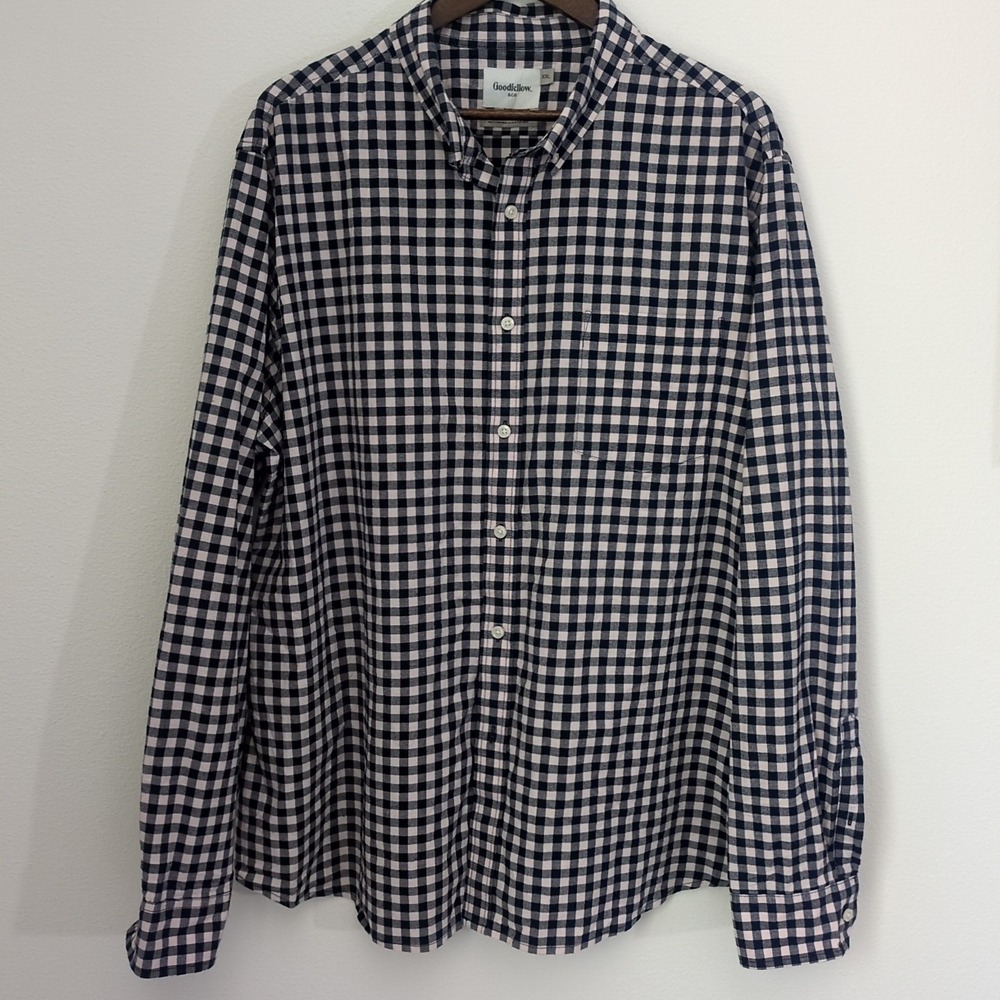 Goodfellow Button Up Shirt Men's XXL Long Sleeve Blue/Light Pink Gingham Slim